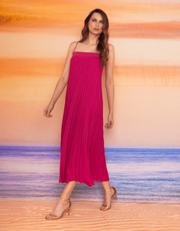Vestido longo tricot plissado Pink