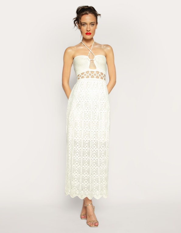 Vestido longo tricot vazado Off white