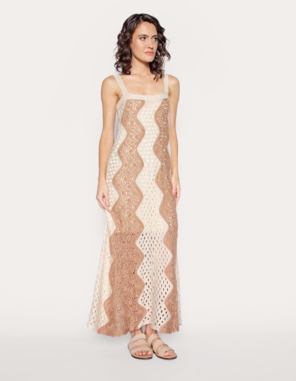 Vestido longo tricot zig zag  Areia/bege medio