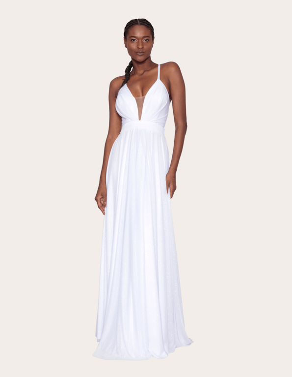 Vestido longo tule costas cruzada Branco lurex