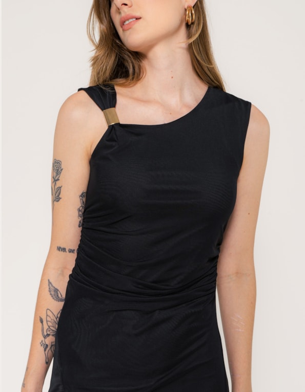 Vestido longo tule ombro só fivela metalizada