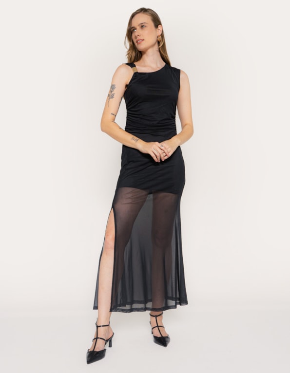 Vestido longo tule ombro só fivela metalizada