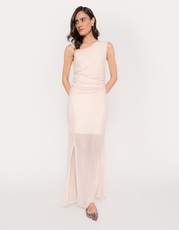 Vestido longo tule ombro só fivela metalizada Bege claro