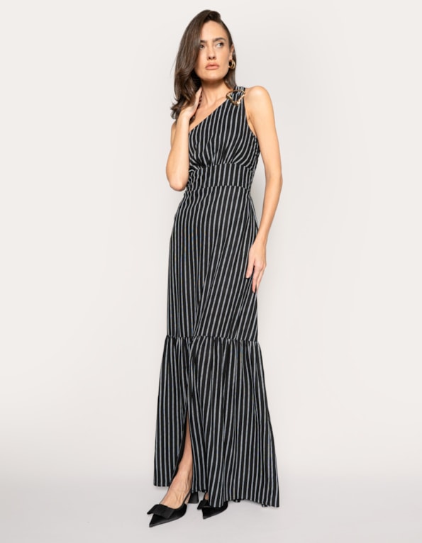 Vestido longo um ombro listrado