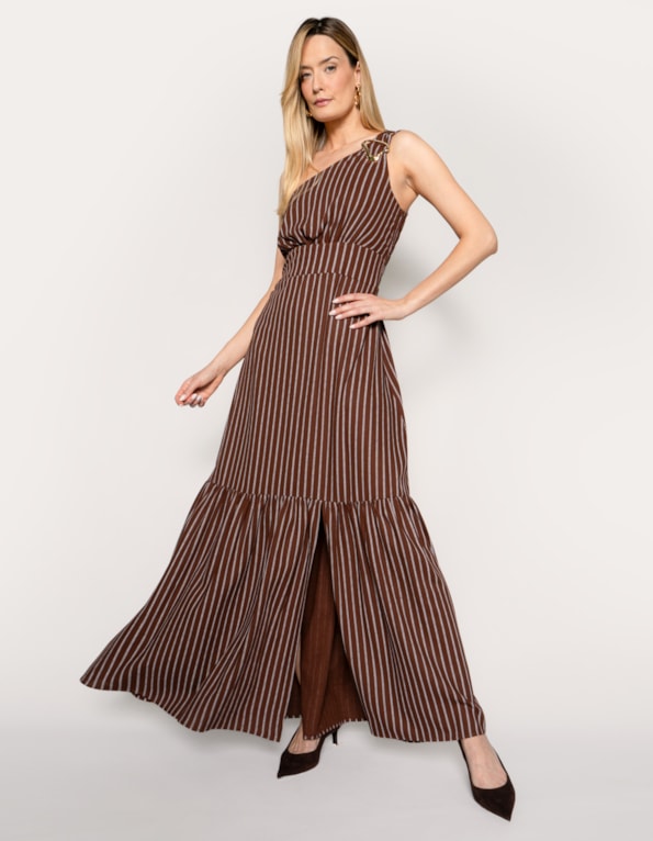 Vestido longo um ombro listrado