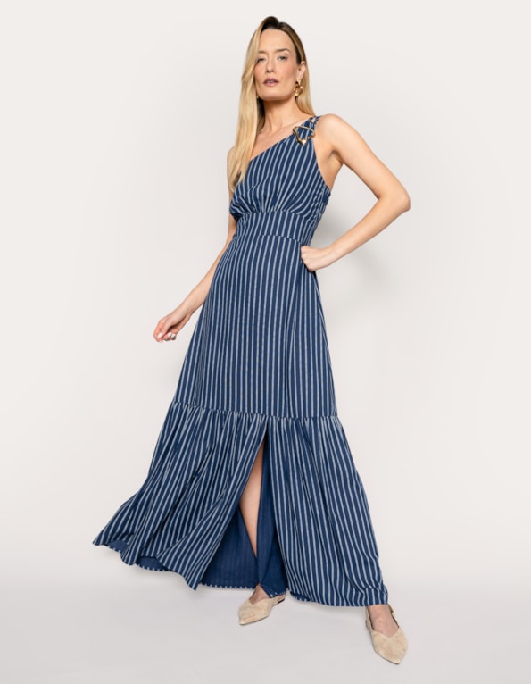 Vestido longo um ombro listrado