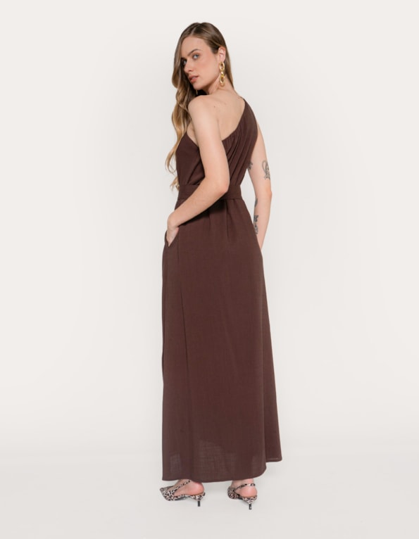 Vestido longo um ombro so Marrom escuro