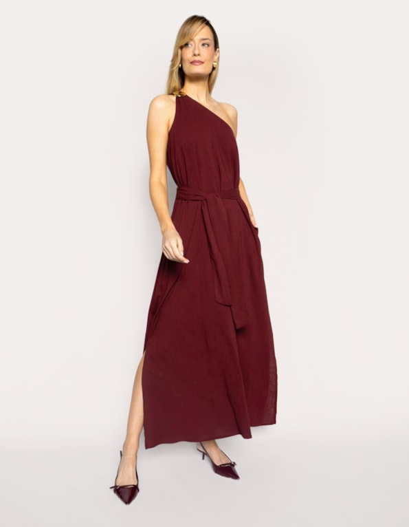 Vestido longo um ombro so Vermelho escuro