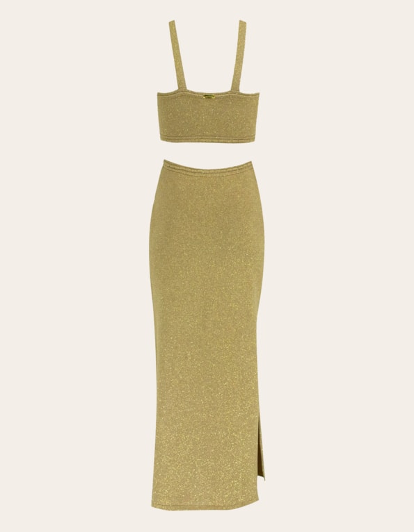 Vestido longo vazado tricot lurex Dourado