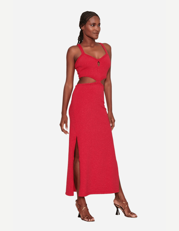 Vestido longo vazado tricot lurex Vermelho