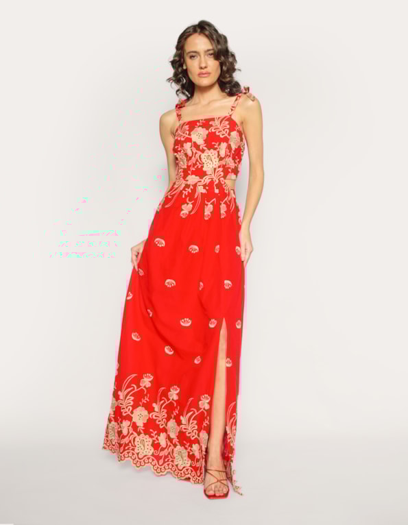 Vestido Luna em Laise com Alça Laço Vermelho