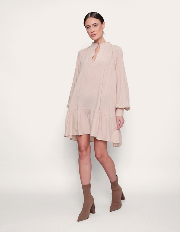 Vestido manga longa amplo areia