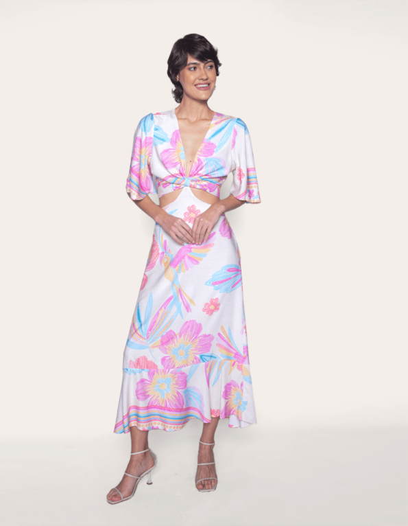 Vestido midi abertura cintura estampado Flor pingos color