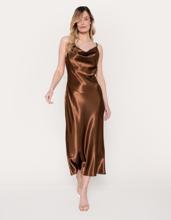 Vestido midi  alça satin Marrom