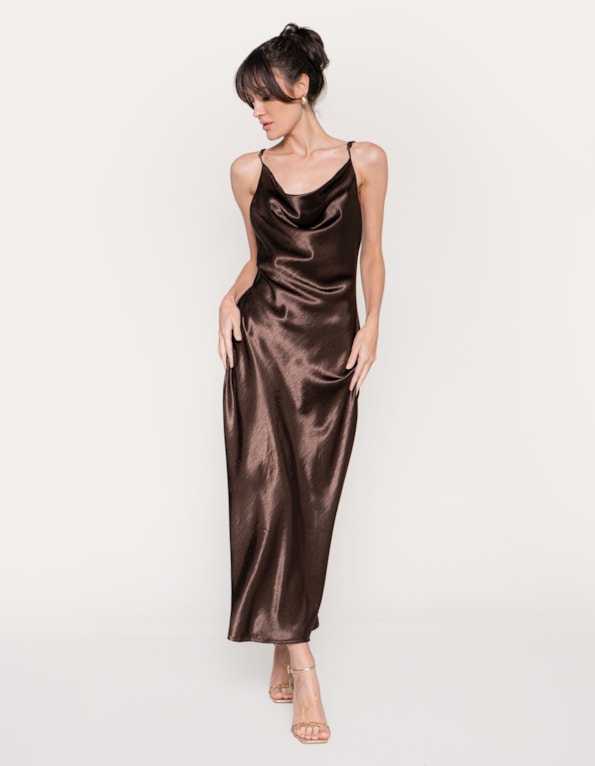 Vestido midi  alça satin Marrom escuro
