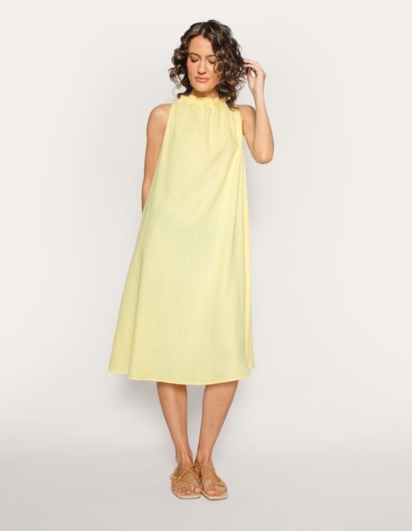 Vestido Midi Cannes em Linho Blend Amarelo claro