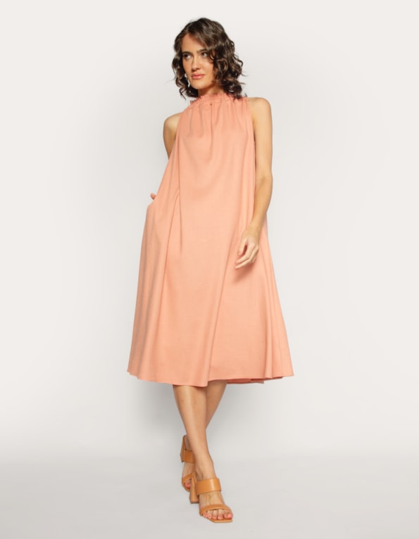 Vestido Midi Cannes em Linho Blend Rosa médio