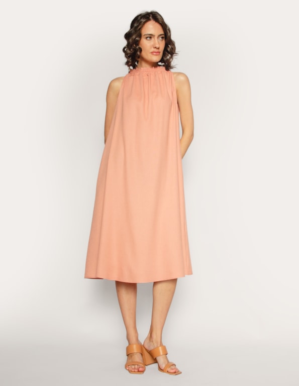 Vestido Midi Cannes em Linho Blend Rosa médio