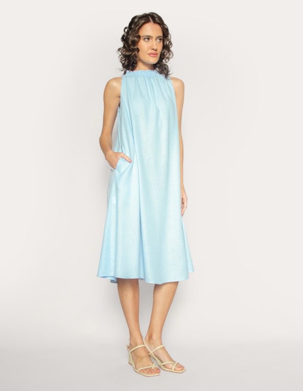 Vestido midi cavado linho blend Azul claro