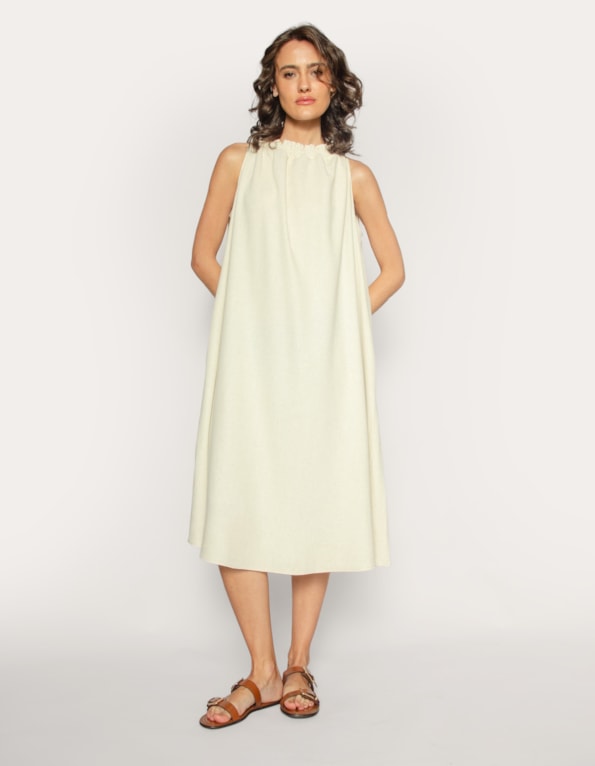 Vestido midi cavado linho blend Bege claro