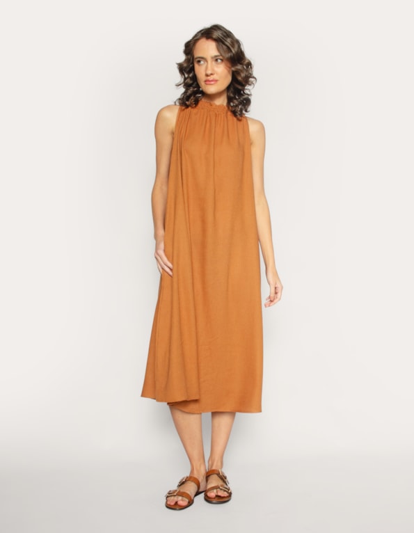 Vestido midi cavado linho blend Marrom