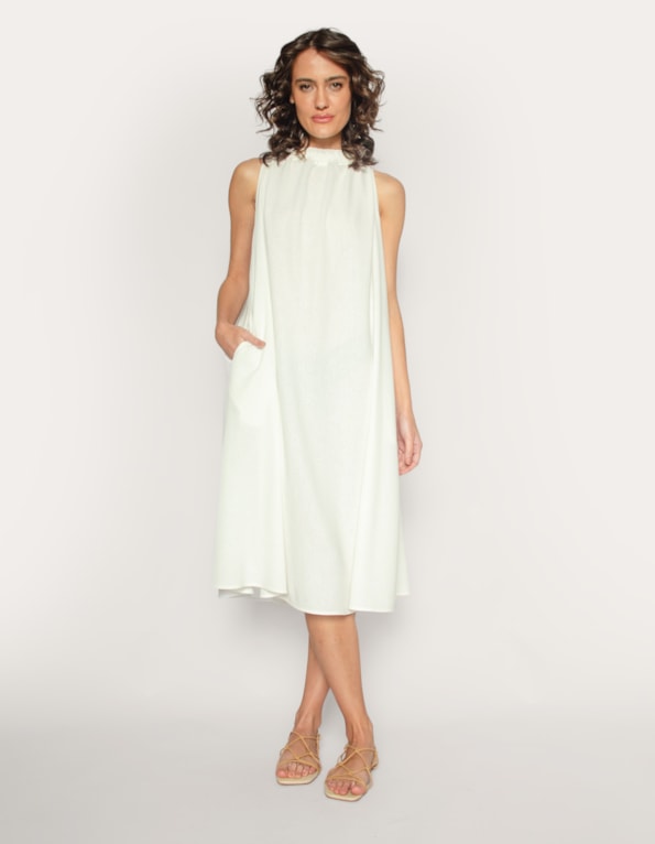 Vestido midi cavado linho blend Off white