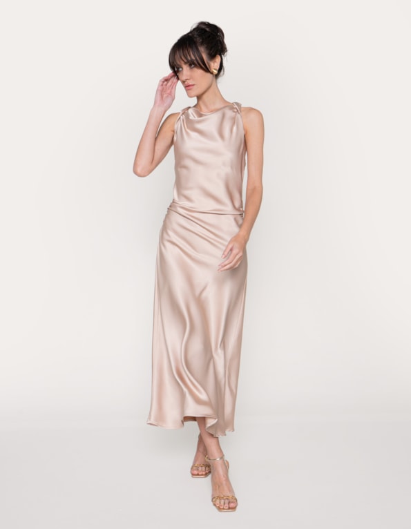 Vestido midi cavado satin Bege claro