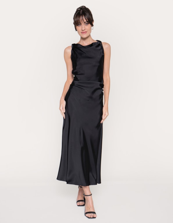Vestido midi cavado satin Preto