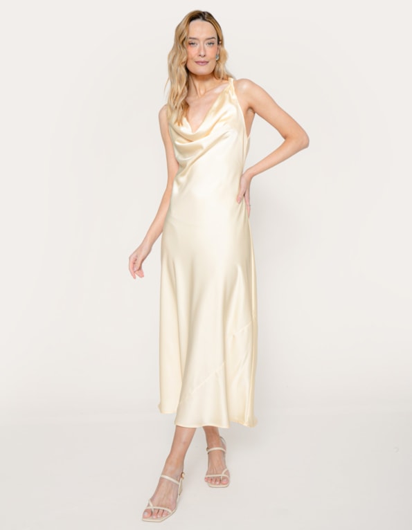 Vestido midi cetim decote degagê Amarelo claro