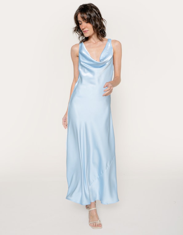 Vestido midi cetim decote degagê Azul claro
