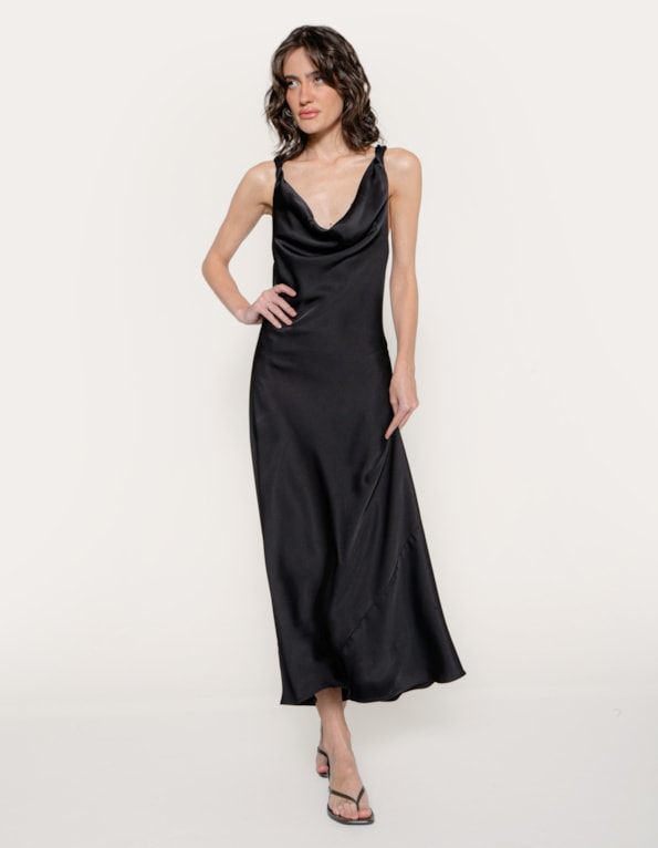 Vestido midi cetim decote degagê Preto