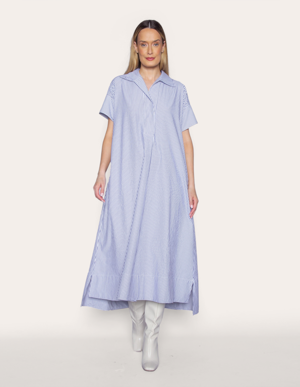 Vestido midi chemise amplo listrado marinho