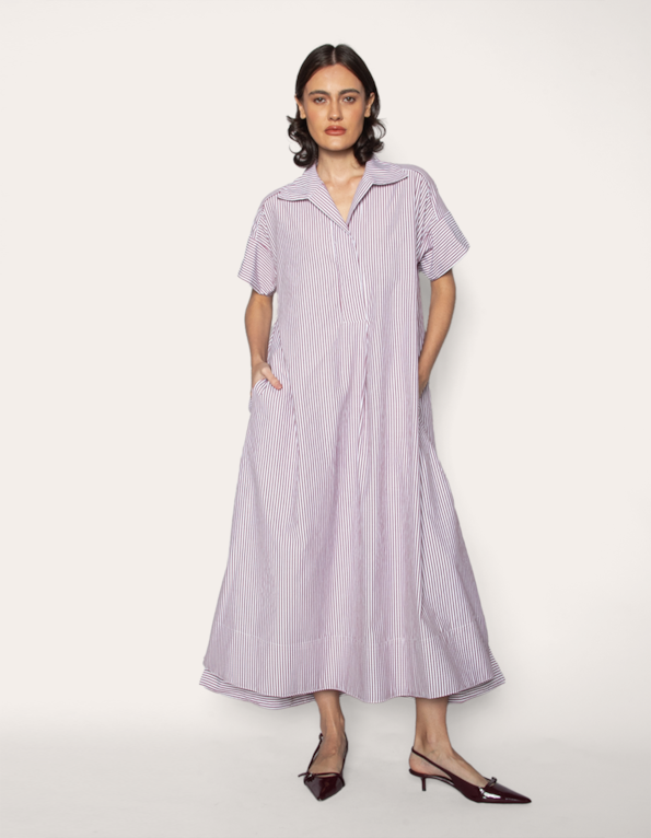 Vestido midi chemise amplo listrado Vinho