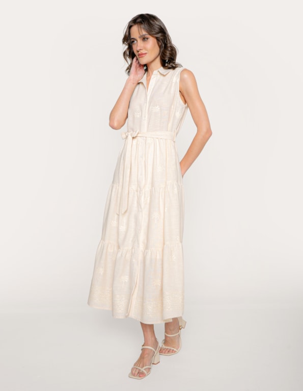 Vestido midi chemise bordado Bege claro/off white