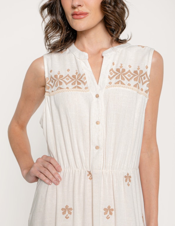 Vestido midi chemise bordado etnico Bege claro/bege medio