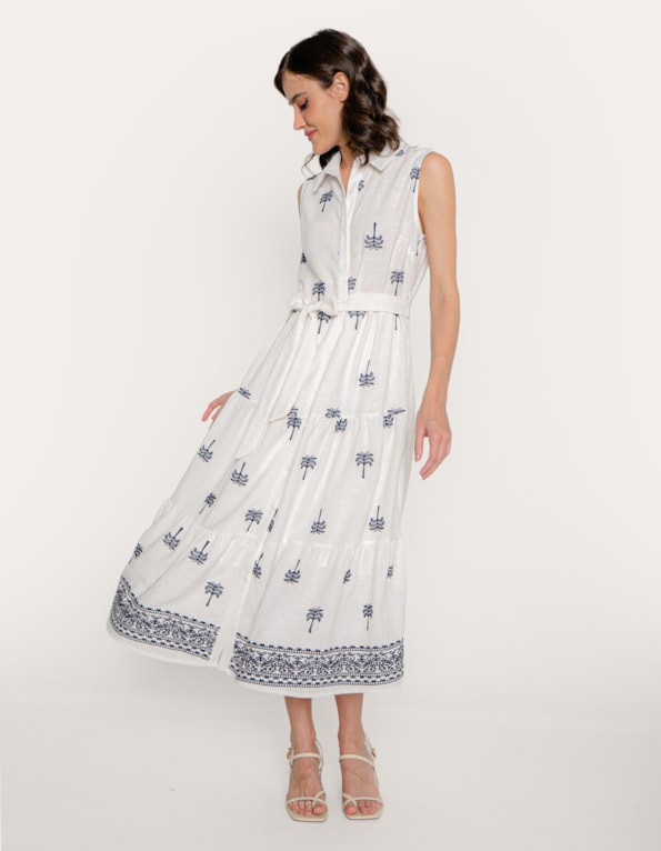 Vestido midi chemise bordado Off white/azul escuro