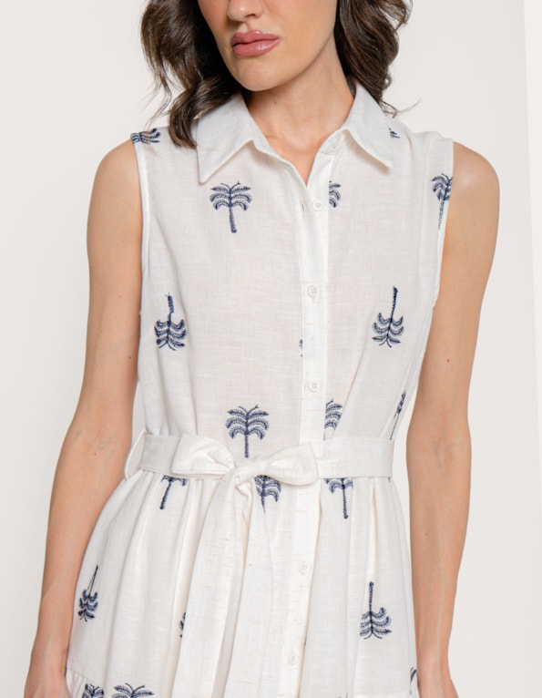 Vestido midi chemise bordado Off white/azul escuro