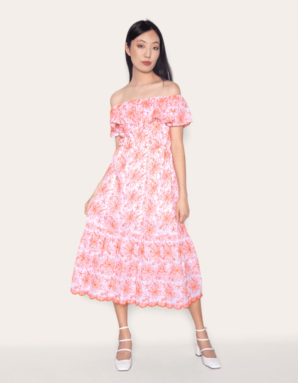 Vestido midi ciganinha laise color Floral laranja