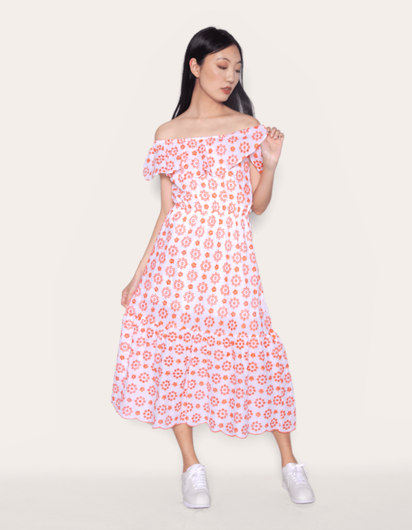 Vestido midi ciganinha laise color Mini fl bco/laranja