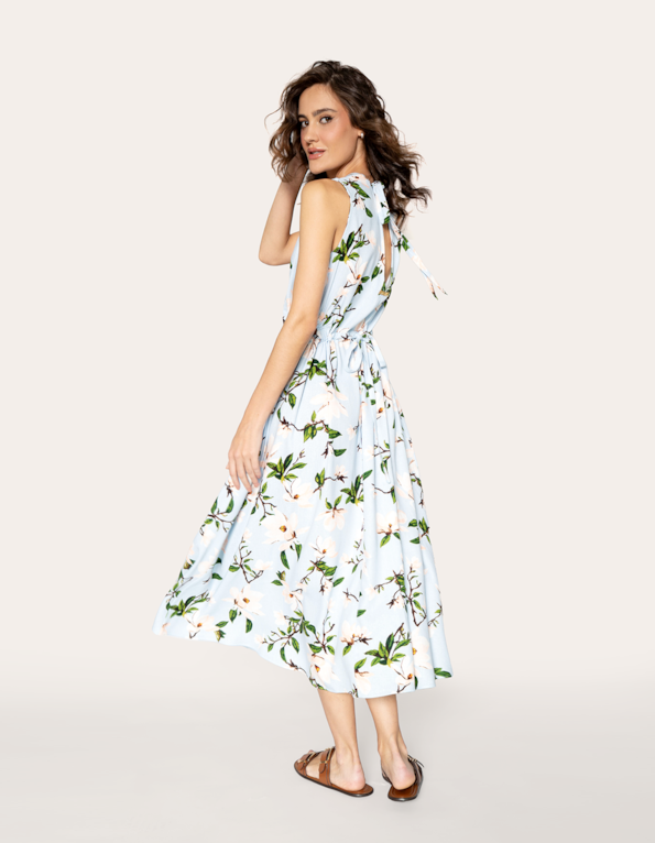 Vestido midi cut linho blend estampado Azul claro/laranja claro