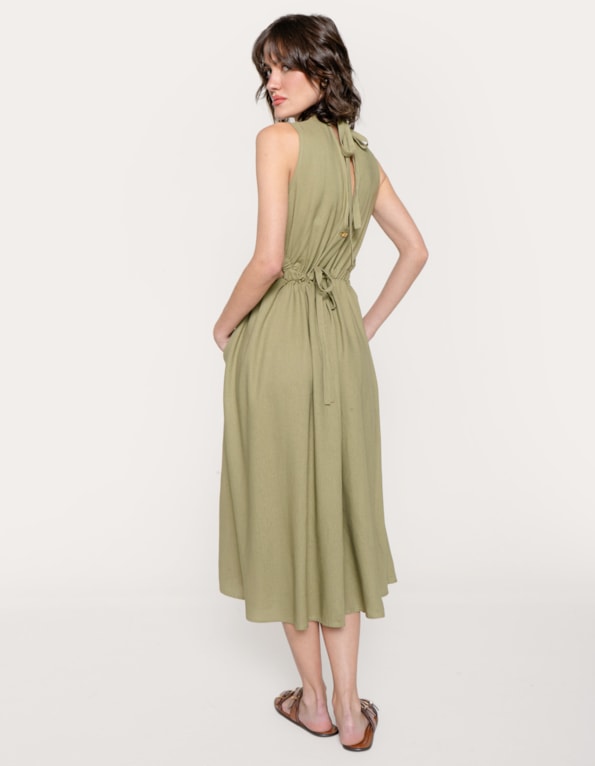 Vestido midi cut linho blend Oliva claro