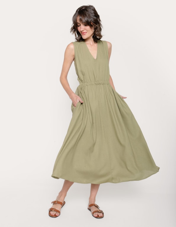 Vestido midi cut linho blend Oliva claro