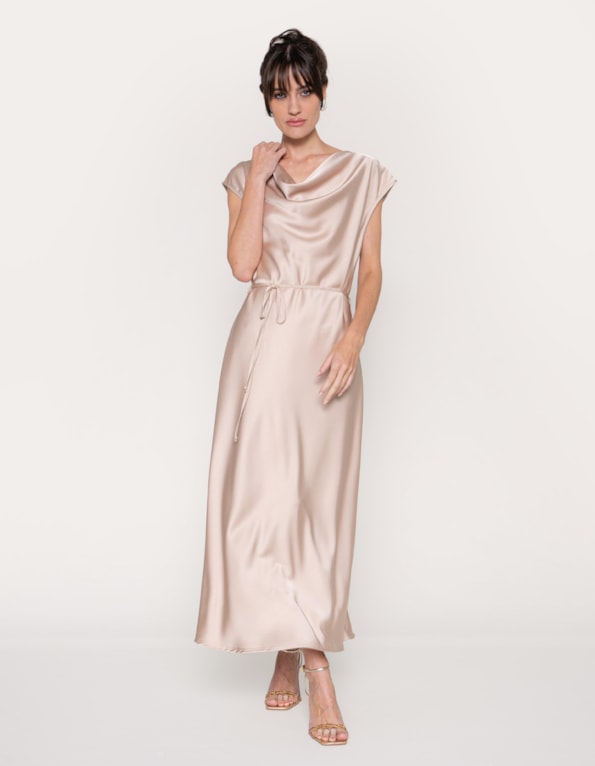 Vestido midi degagê satin Bege claro