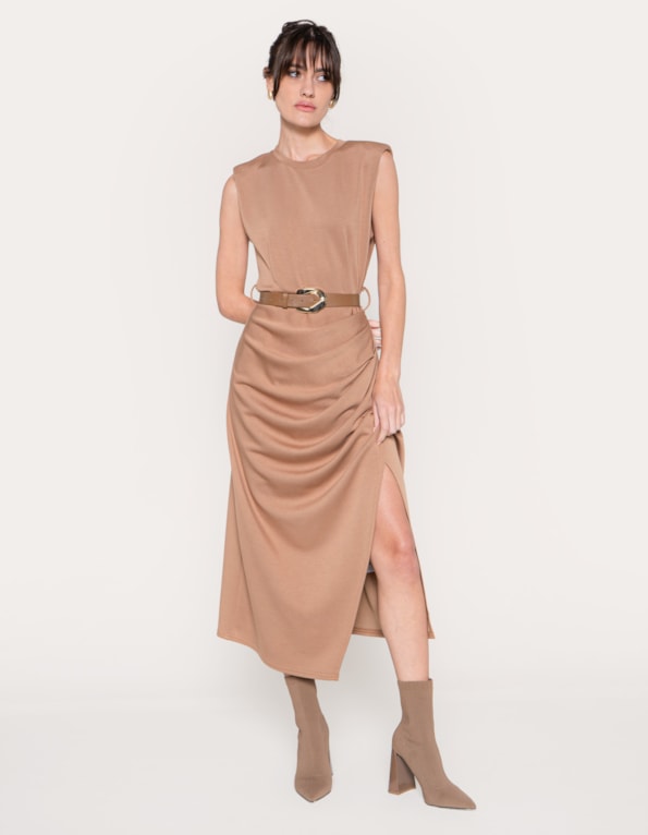 Vestido midi drapeado com cinto