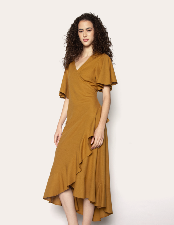 Vestido midi envelope Dourado escuro