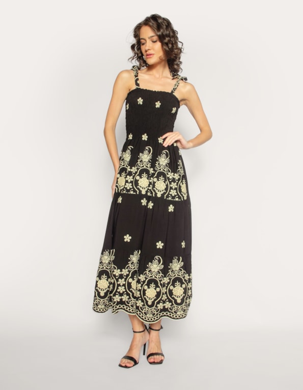 Vestido midi lastex Preto