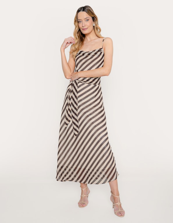 Vestido midi listrado degagê com faixa Marrom