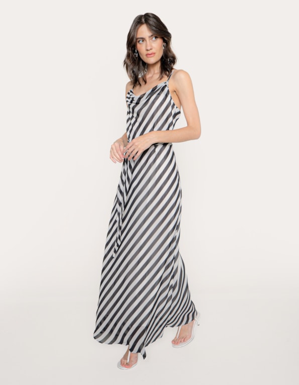 Vestido midi listrado degagê com faixa Preto
