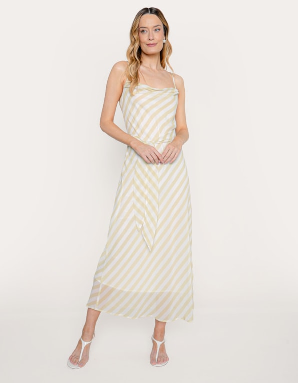 Vestido midi listrado degagê com faixa Verde claro