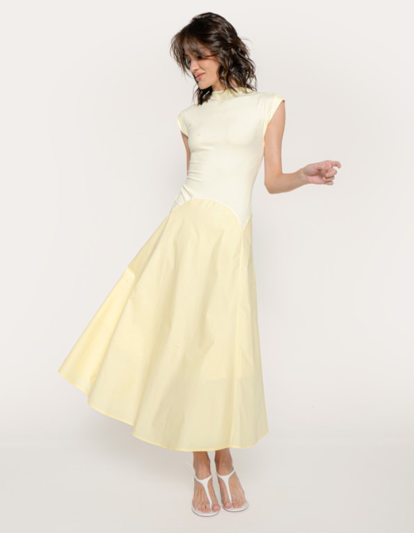 Vestido midi mix evase Amarelo claro